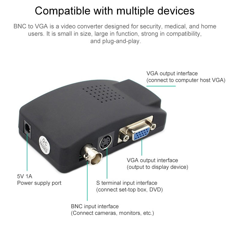 S-Video / BNC to VGA Signal Converter(Black) - Video Balun by buy2fix | Online Shopping UK | buy2fix
