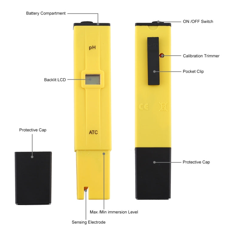 Pocket-sized PH Meter with ATC(Yellow) - PH & Moisture Meter by buy2fix | Online Shopping UK | buy2fix