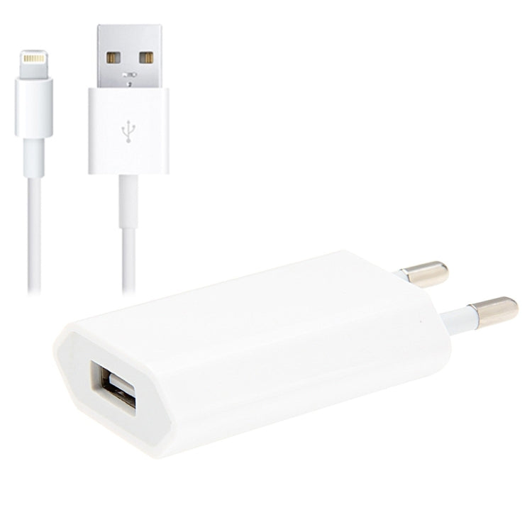 2 in 1 5V 1A EU Plug Travel Charger Adapter with 1m 8-pin Cable For iPhone(White) - USB Charger by buy2fix | Online Shopping UK | buy2fix