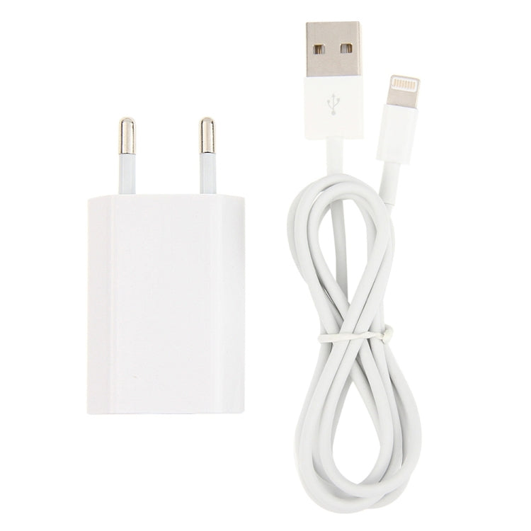 2 in 1 5V 1A EU Plug Travel Charger Adapter with 1m 8-pin Cable For iPhone(White) - USB Charger by buy2fix | Online Shopping UK | buy2fix