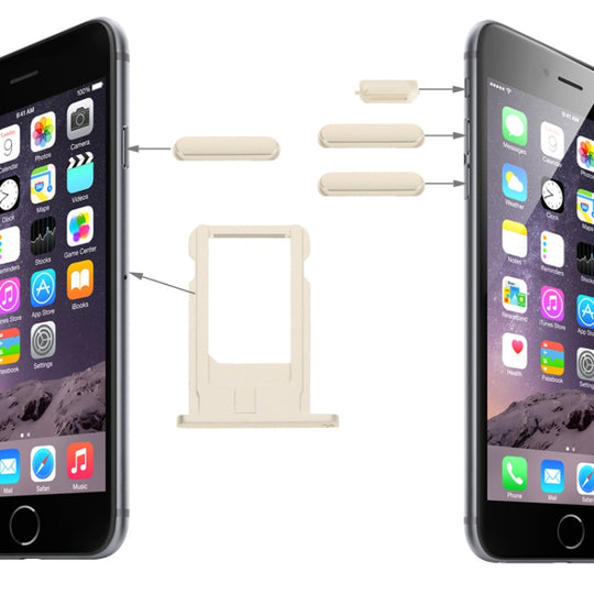 Plateau de carte d'origine, touche de contrôle du volume, touche de verrouillage de l'écran et interrupteur de sourdine, kit de touches de vibrateur pour iPhone 6 (or clair)