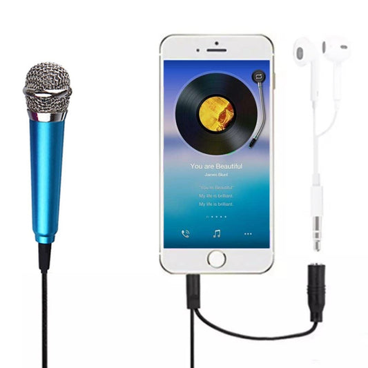 3.5mm Male + 3.5mm Female Ports Mini Household Mobile Phone Sing Song Metal Condenser Microphone, Compatible with IOS / Android System(Blue) - Other Accessories by buy2fix | Online Shopping UK | buy2fix