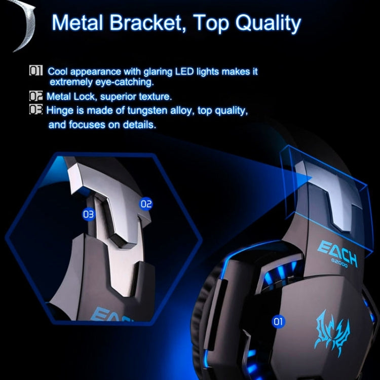 EACH G2000 Over-ear Stereo Bass Gaming Headset with Mic & LED Light for Computer, Cable Length: 2.2m(Blue) by KOTION EACH