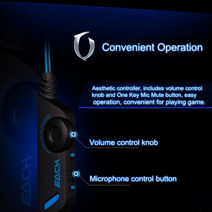 EACH G2000 Over-ear Stereo Bass Gaming Headset with Mic & LED Light for Computer, Cable Length: 2.2m(Blue) by KOTION EACH