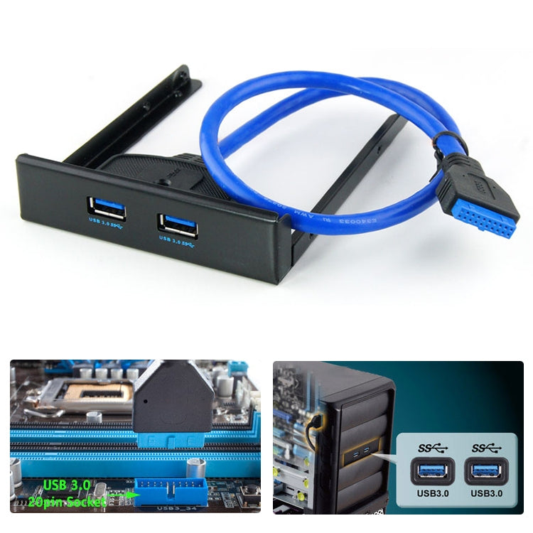 USB 3.0 Front Panel Floppy Disk Bay 20 Pin 2 Ports HUB Bracket Cable(Black) by buy2fix