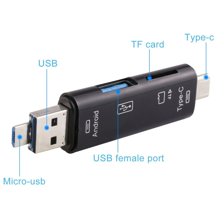 D-188 3 in 1 TF & USB to Micro USB & Type-C Card Reader OTG Adapter Connector(Black) by buy2fix