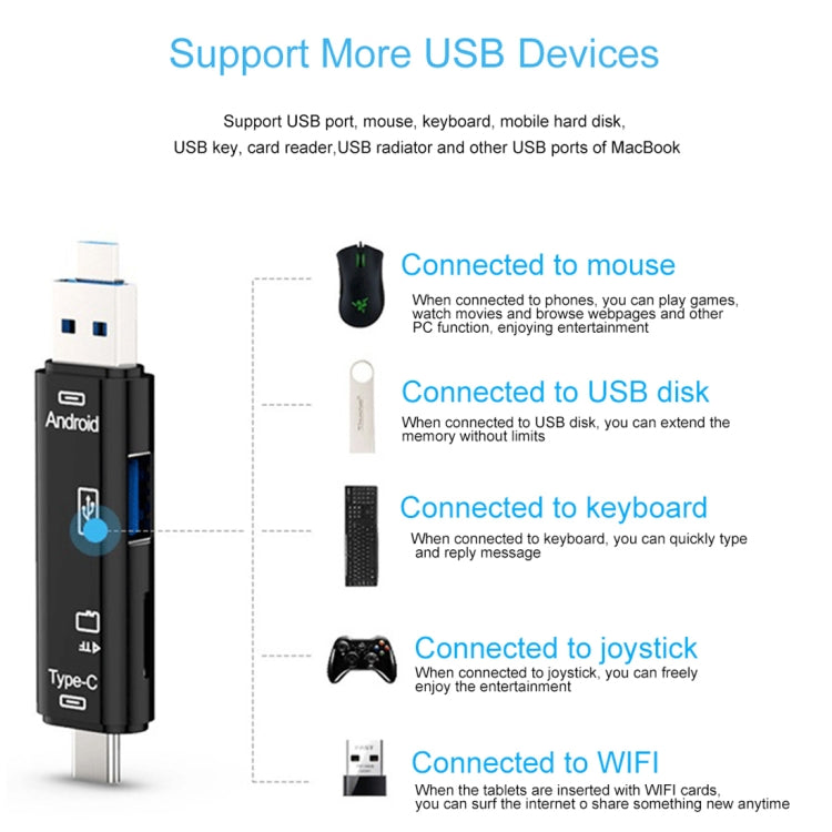 D-188 3 in 1 TF & USB to Micro USB & Type-C Card Reader OTG Adapter Connector(Black) by buy2fix