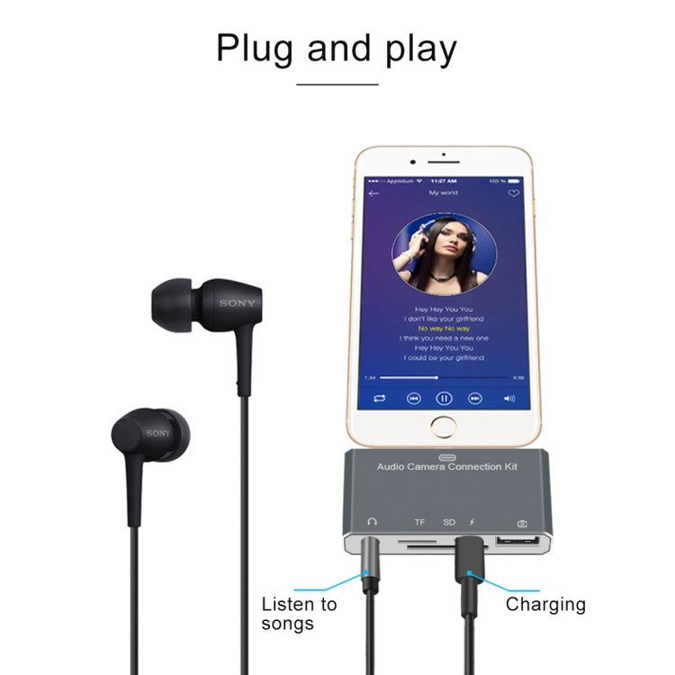 D-198 5 in 1 8 Pin to USB HUB +USB-C / Type-C + 3.5mm Earphone + SD + TF Card Reader for MacBook, PC, Laptop, Smart Phones by buy2fix