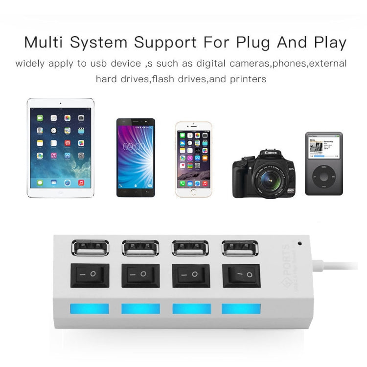 4 Ports USB Hub 2.0 USB Splitter High Speed 480Mbps with ON/OFF Switch, 4 LED(White) by buy2fix