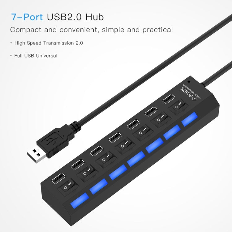 7 Ports USB Hub 2.0 USB Splitter High Speed 480Mbps with ON/OFF Switch / 7 LEDs(Black) by buy2fix