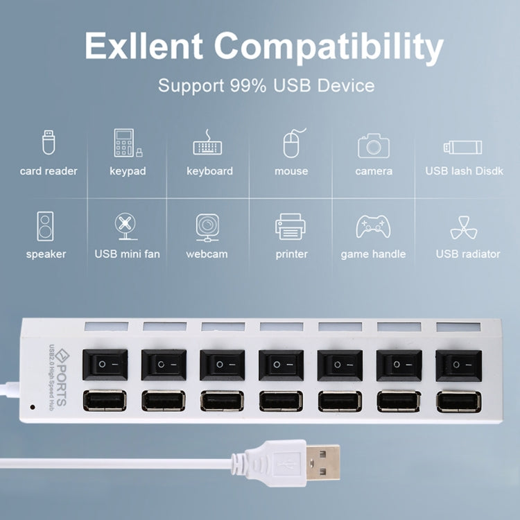 7 Ports USB Hub 2.0 USB Splitter High Speed 480Mbps with ON/OFF Switch / 7 LEDs(Black) by buy2fix