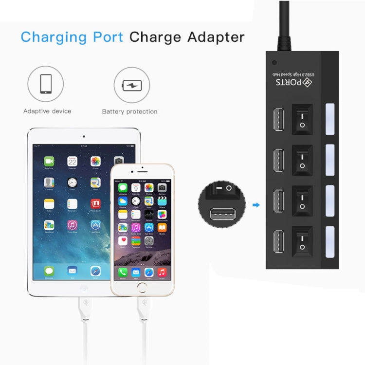 4 Ports USB Hub 2.0 USB Splitter High Speed 480Mbps with ON/OFF Switch, 4 LED(Black) by buy2fix
