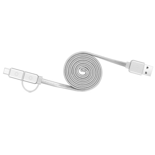 Meizu 1m 2 in 1 Noodle Weave Style Metal Head 5V 2.0A USB-C / Type-C + Micro USB to USB 2.0 Data Sync Charging Cable(Silver) by buy2fix