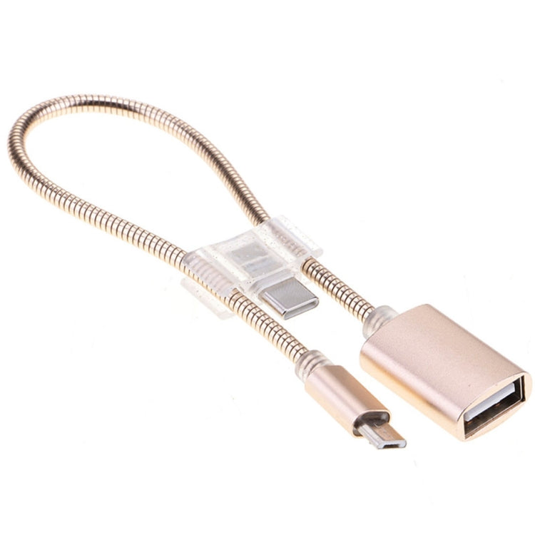 24cm 2A Micro USB to USB Aluminum Alloy Hose OTG Adapter Data Charging Cable with USB-C / Type-C Connector(Gold) by buy2fix