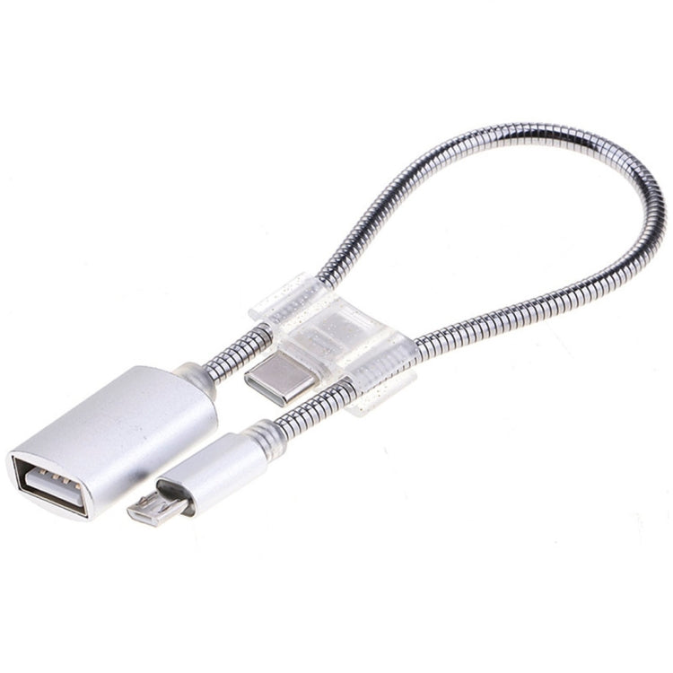 24cm 2A Micro USB to USB Aluminum Alloy Hose OTG Adapter Data Charging Cable with USB-C / Type-C Connector(Silver) by buy2fix