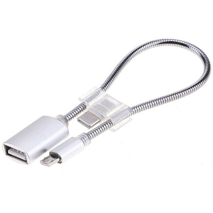 24cm 2A Micro USB to USB Aluminum Alloy Hose OTG Adapter Data Charging Cable with USB-C / Type-C Connector(Silver) by buy2fix