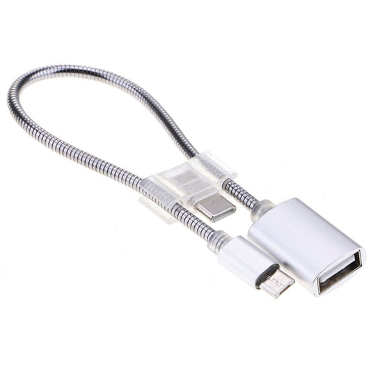 24cm 2A Micro USB to USB Aluminum Alloy Hose OTG Adapter Data Charging Cable with USB-C / Type-C Connector(Silver) by buy2fix