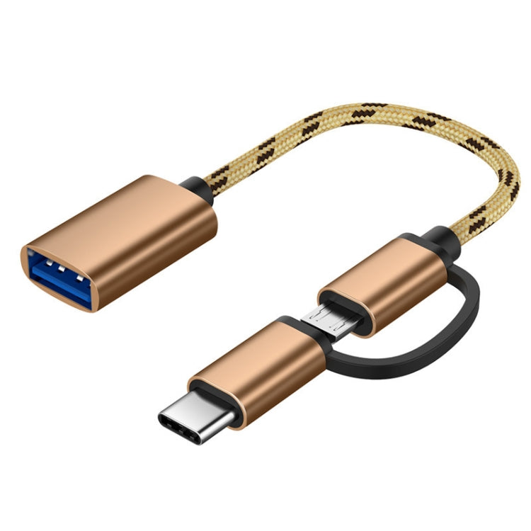 USB 3.0 Female to Micro USB + USB-C / Type-C Male Charging + Transmission OTG Nylon Braided Adapter Cable, Cable Length: 17cm (Gold) by buy2fix