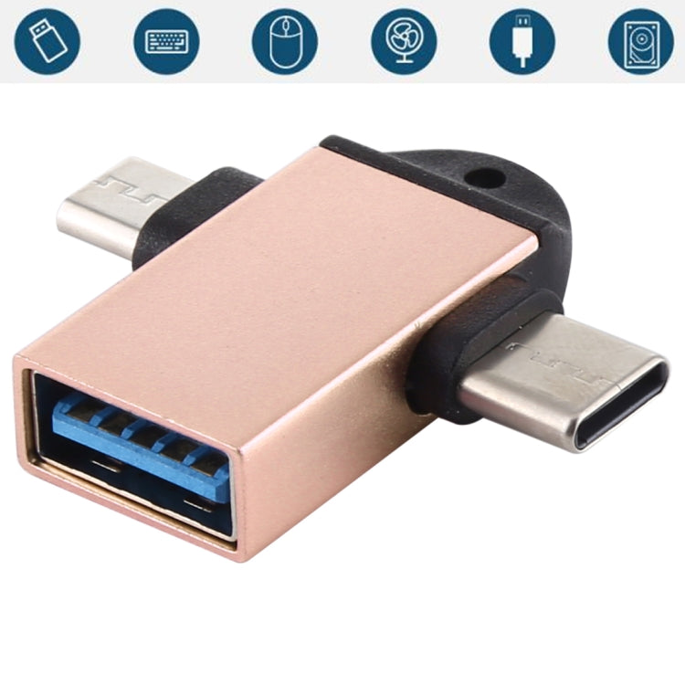 USB 3.0 Female to USB-C / Type-C Male + Micro USB Male Multi-function OTG Adapter with Sling Hole (Gold) by buy2fix