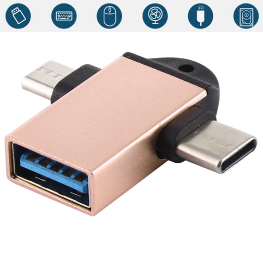 USB 3.0 Female to USB-C / Type-C Male + Micro USB Male Multi-function OTG Adapter with Sling Hole (Gold) by buy2fix