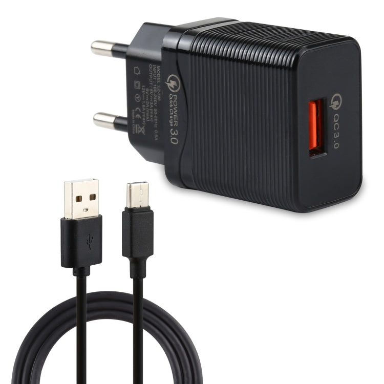 LZ-728 2 in 1 18W QC 3.0 USB Interface Travel Charger + USB to USB-C / Type-C Data Cable Set, EU Plug, Cable Length: 1m(Black) - USB Charger by buy2fix | Online Shopping UK | buy2fix
