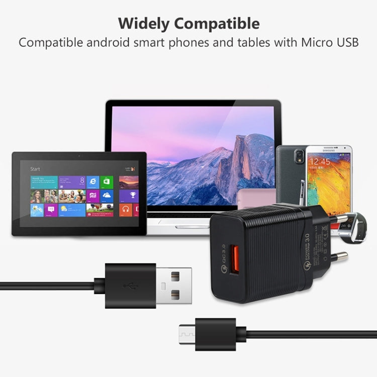 LZ-728 2 in 1 18W QC 3.0 USB Interface Travel Charger + USB to Micro USB Data Cable Set, EU Plug, Cable Length: 1m (Black) - USB Charger by buy2fix | Online Shopping UK | buy2fix
