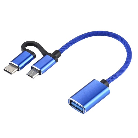 USB 3.0 Female to Micro USB + USB-C / Type-C Male Charging + Transmission OTG Nylon Braided Adapter Cable, Cable Length: 11cm(Blue) by buy2fix