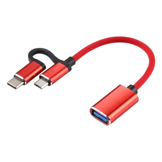 USB 3.0 Female to Micro USB + USB-C / Type-C Male Charging + Transmission OTG Nylon Braided Adapter Cable, Cable Length: 11cm(Red) by buy2fix