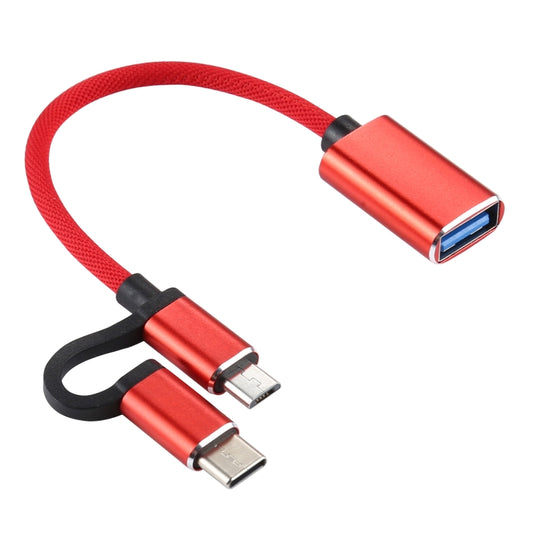 USB 3.0 Female to Micro USB + USB-C / Type-C Male Charging + Transmission OTG Nylon Braided Adapter Cable, Cable Length: 11cm(Red) by buy2fix