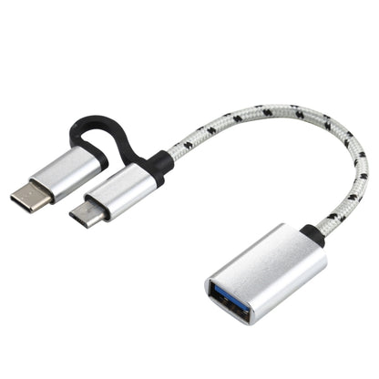 USB 3.0 Female to Micro USB + USB-C / Type-C Male Charging + Transmission OTG Nylon Braided Adapter Cable, Cable Length: 11cm(Silver) by buy2fix