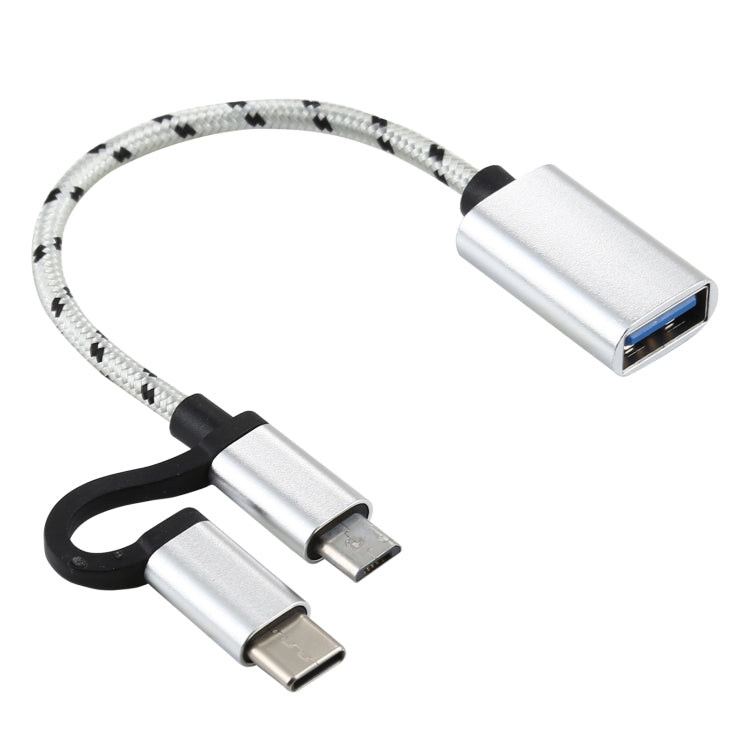 USB 3.0 Female to Micro USB + USB-C / Type-C Male Charging + Transmission OTG Nylon Braided Adapter Cable, Cable Length: 11cm(Silver) by buy2fix