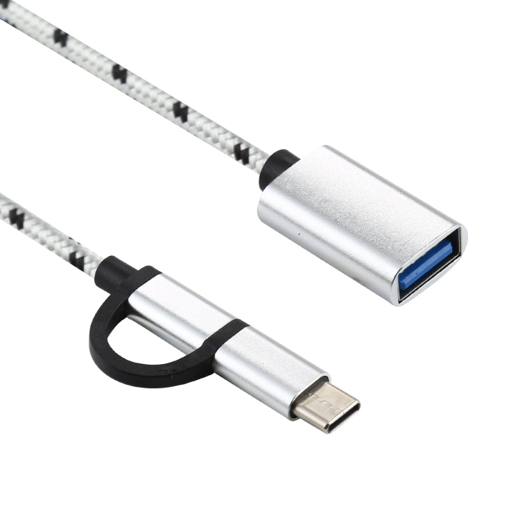 USB 3.0 Female to Micro USB + USB-C / Type-C Male Charging + Transmission OTG Nylon Braided Adapter Cable, Cable Length: 11cm(Silver) by buy2fix