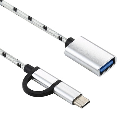 USB 3.0 Female to Micro USB + USB-C / Type-C Male Charging + Transmission OTG Nylon Braided Adapter Cable, Cable Length: 11cm(Silver) by buy2fix