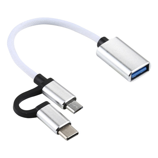 USB 3.0 Female to Micro USB + USB-C / Type-C Male Charging + Transmission OTG Nylon Braided Adapter Cable, Cable Length: 11cm(White) by buy2fix
