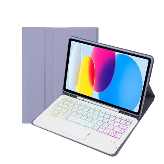For iPad 11 2025 / 10th Gen 10.9 2022 A10B-AS Lambskin Texture Backlight Bluetooth Touch Keyboard Leather Tablet Case with Pen Slot (Purple)