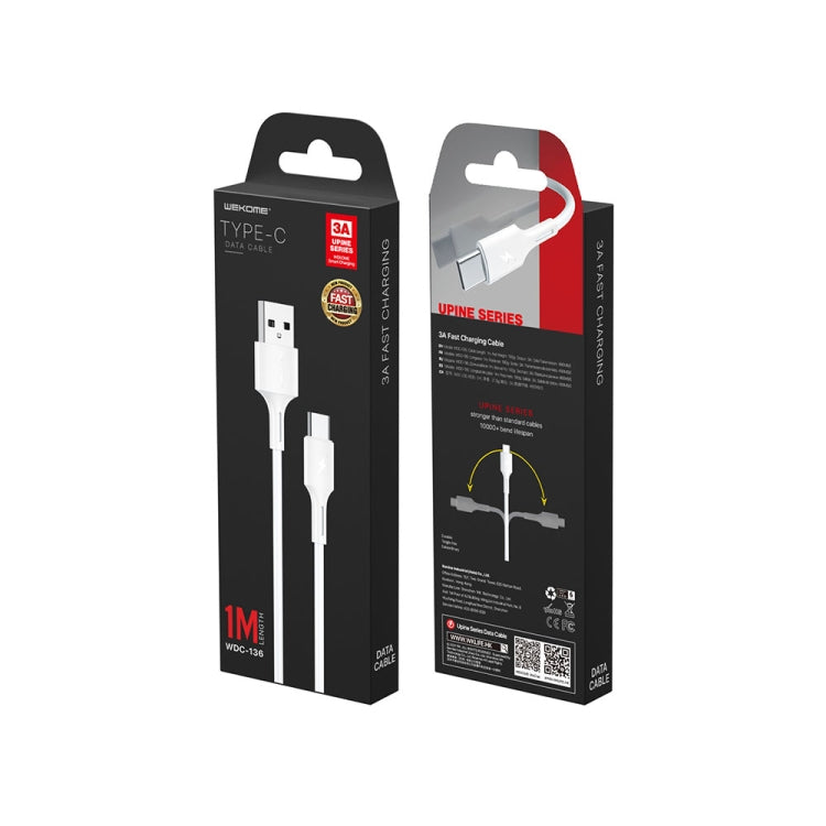 WK WDC-136 USB to Type-C / USB-C 3A Fast Charing Data Cable(White) - USB-C & Type-C Cable by WK | Online Shopping UK | buy2fix
