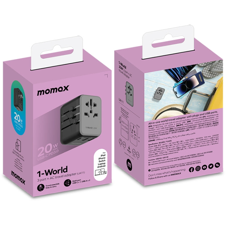 MOMAX UA11 1-World 20W PD Global Travel Fast Charger Power Adapter(Black) - Plug Adaptor by MOMAX | Online Shopping UK | buy2fix