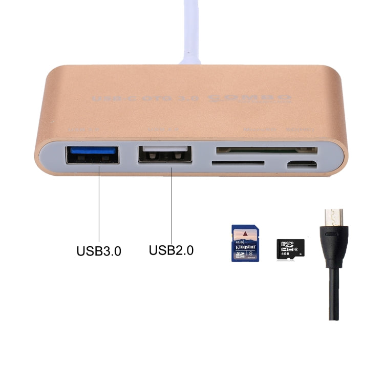 5 in 1 Micro SD + SD + USB 3.0 + USB 2.0 + Micro USB Port to USB-C / Type-C OTG COMBO Adapter Card Reader for Tablet, Smartphone, PC(Gold) by buy2fix