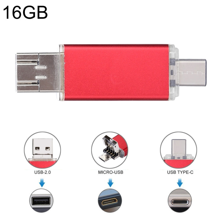 16GB 3 in 1 USB-C / Type-C + USB 2.0 + OTG Flash Disk, For Type-C Smartphones & PC Computer(Red) by buy2fix