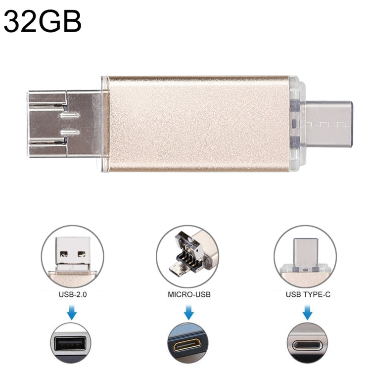 32GB 3 in 1 USB-C / Type-C + USB 2.0 + OTG Flash Disk, For Type-C Smartphones & PC Computer (Gold) - U Disk & Card Reader by buy2fix | Online Shopping UK | buy2fix