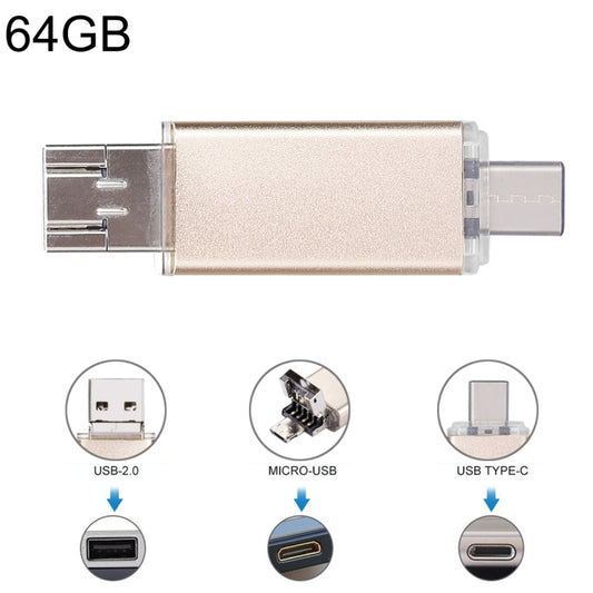 64GB 3 in 1 USB-C / Type-C + USB 2.0 + OTG Flash Disk, For Type-C Smartphones & PC Computer (Gold) by buy2fix