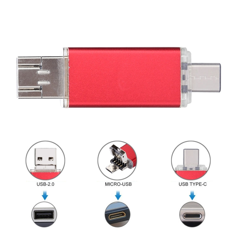 64GB 3 in 1 USB-C / Type-C + USB 2.0 + OTG Flash Disk, For Type-C Smartphones & PC Computer (Red) by buy2fix