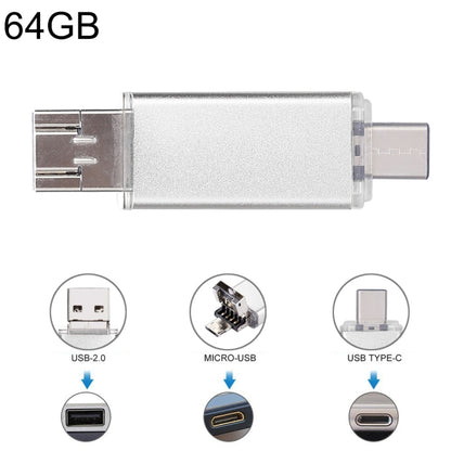64GB 3 in 1 USB-C / Type-C + USB 2.0 + OTG Flash Disk, For Type-C Smartphones & PC Computer (Silver) by buy2fix