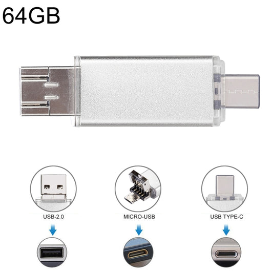 64GB 3 in 1 USB-C / Type-C + USB 2.0 + OTG Flash Disk, For Type-C Smartphones & PC Computer (Silver) by buy2fix