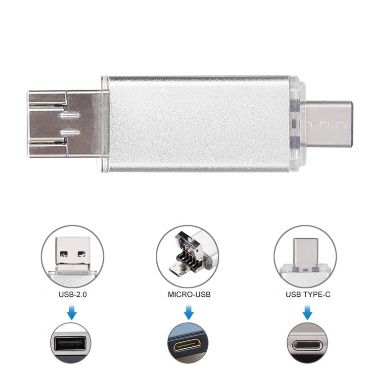 64GB 3 in 1 USB-C / Type-C + USB 2.0 + OTG Flash Disk, For Type-C Smartphones & PC Computer (Silver) by buy2fix