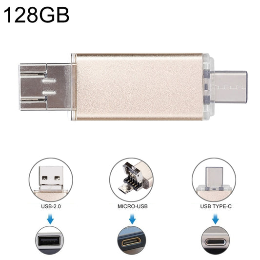 128GB 3 in 1 USB-C / Type-C + USB 2.0 + OTG Flash Disk, For Type-C Smartphones & PC Computer(Gold) by buy2fix