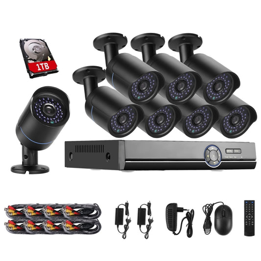 A8B5 8 Channel 720P 1.0 Mega Pixel 8 x Bullet IP Cameras AHD DVR Kit with 1TB HDD Disk, Support Night Vision / Motion Detection, IR Distance: 20m(Black) - Video Recorder Kit by buy2fix | Online Shopping UK | buy2fix