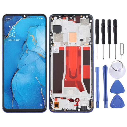 Original LCD-Bildschirm und Digitizer-Vollmontage mit Rahmen für OPPO Reno3 5G/Reno3 Youth/F15/Find X2 Lite/K7 5G (Blau)