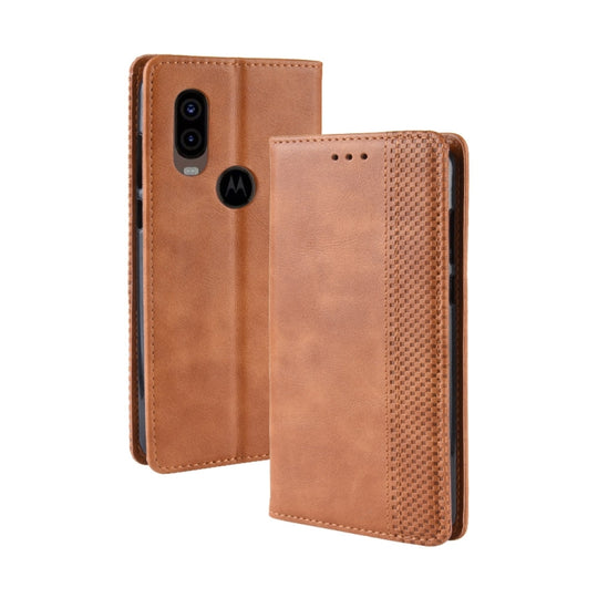 Magnetic Buckle Retro Crazy Horse Texture Horizontal Flip Leather Case for Motorola MOTO One Vision, with Holder & Card Slots & Photo Frame(Brown)