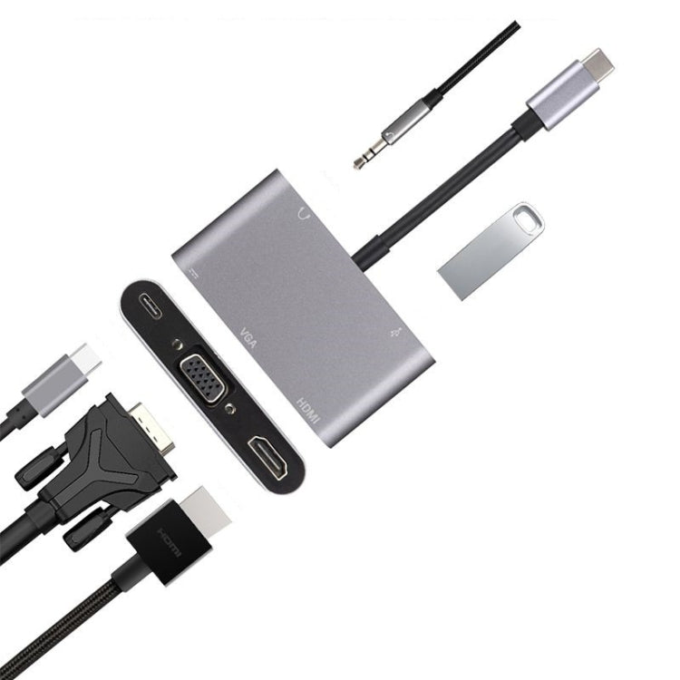 5 in 1 Type-C To HDMI + VGA + USB 3.0 + Audio Port + PD Port HUB Adapter(Grey) by buy2fix